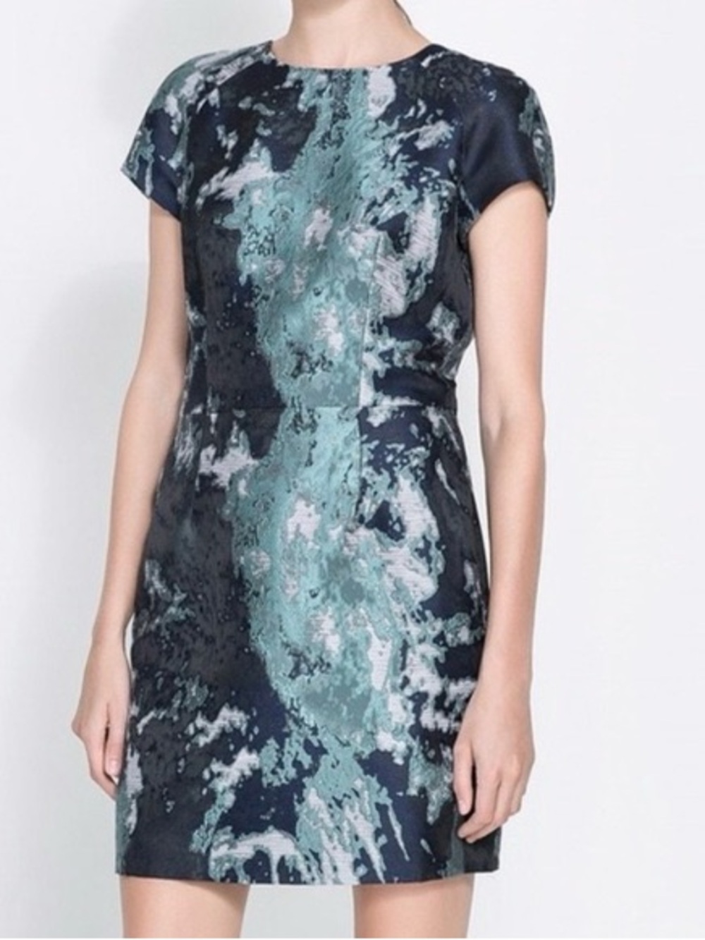 Zara Watercolor Print Navy Blue Aqua Jacquard Mini Cocktail Dress